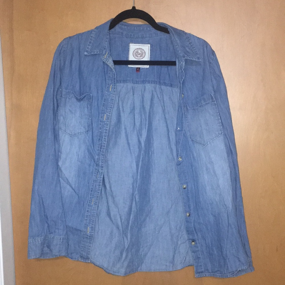 Blue denim long sleeve button up shirt